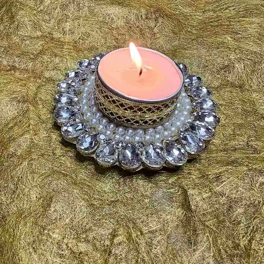 Traditional Kundan Pearl T Light Holder for Diwali